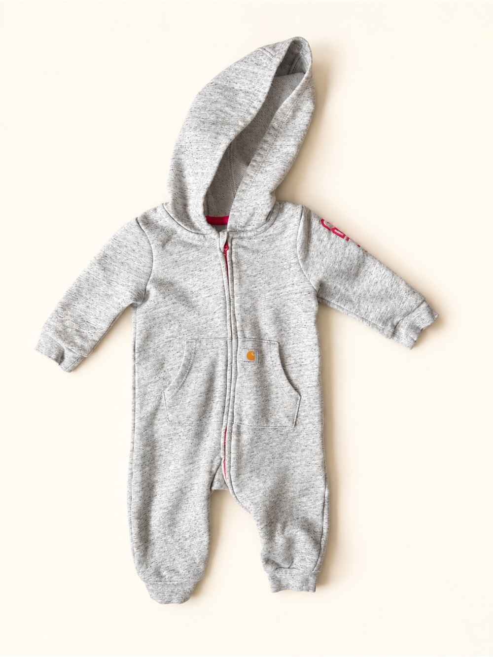 Carhartt Gray Hooded Baby One-Piece with Pink Accent